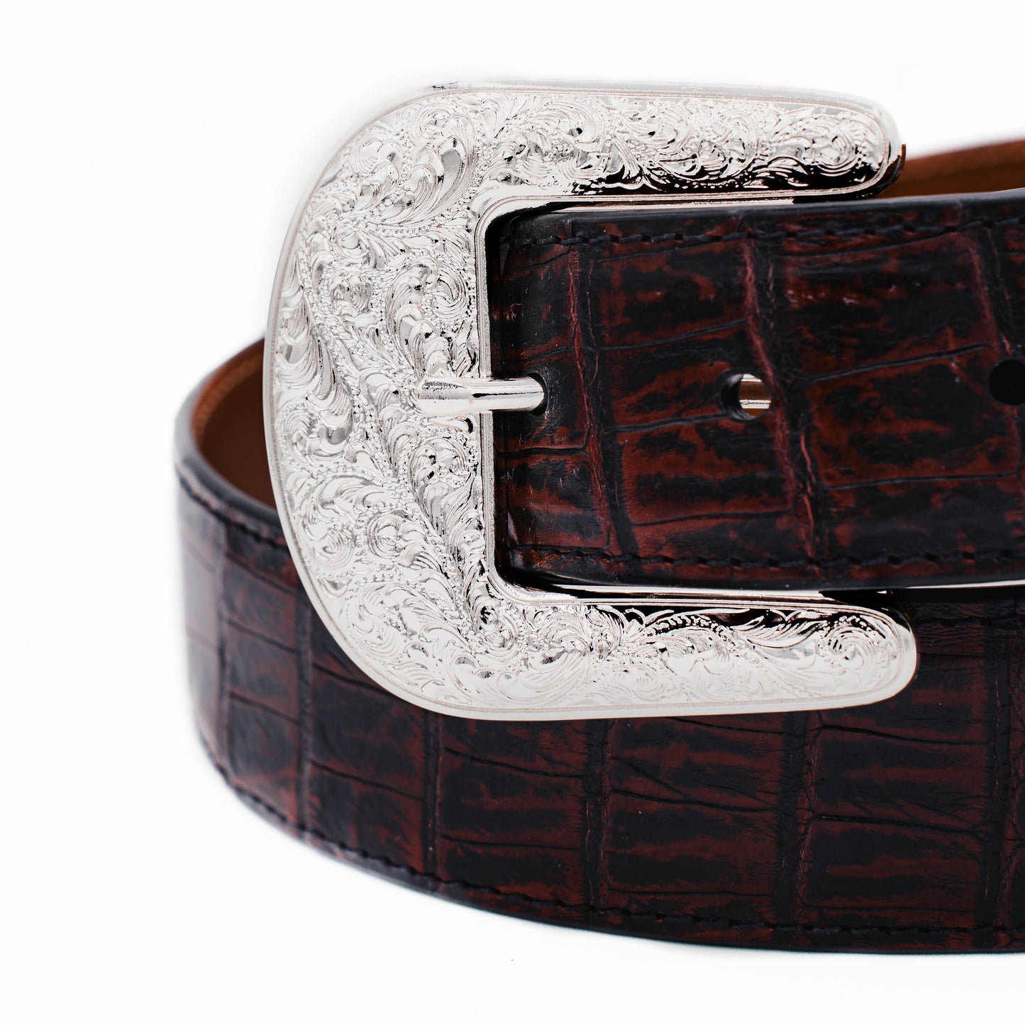 The "Taylor" Black Cherry Crocodile Belly Leather Belt