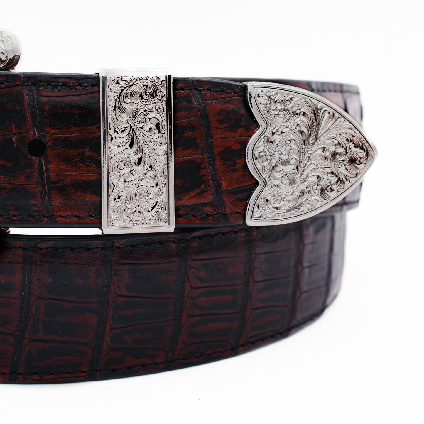 The "Taylor" Black Cherry Crocodile Belly Leather Belt