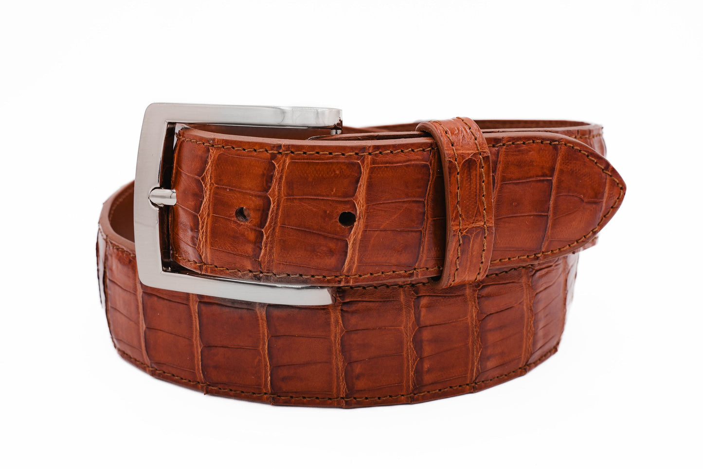 Cognac Caiman Crocodile Leather Belt