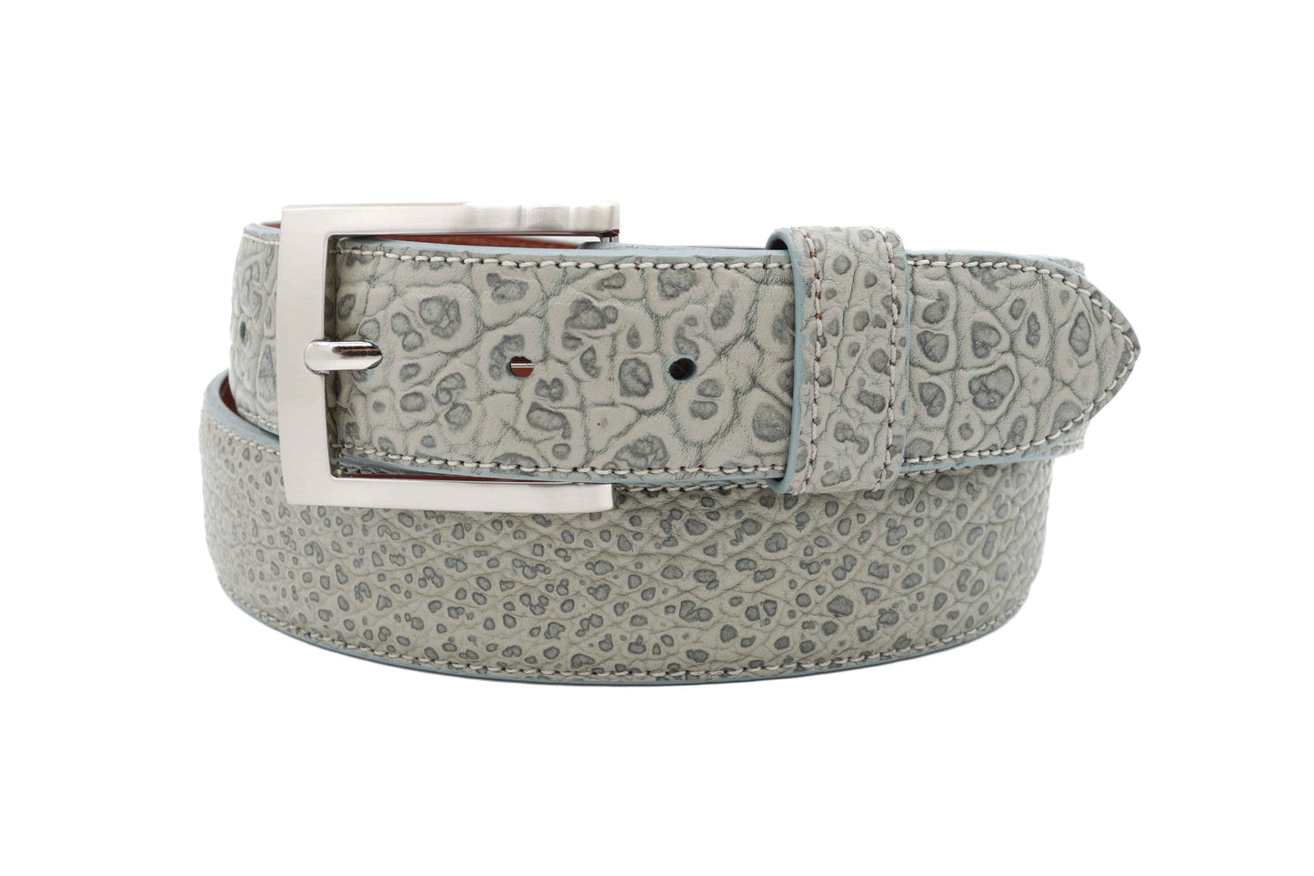 Gray American Bison leather belt with a square silver buckle on a white background