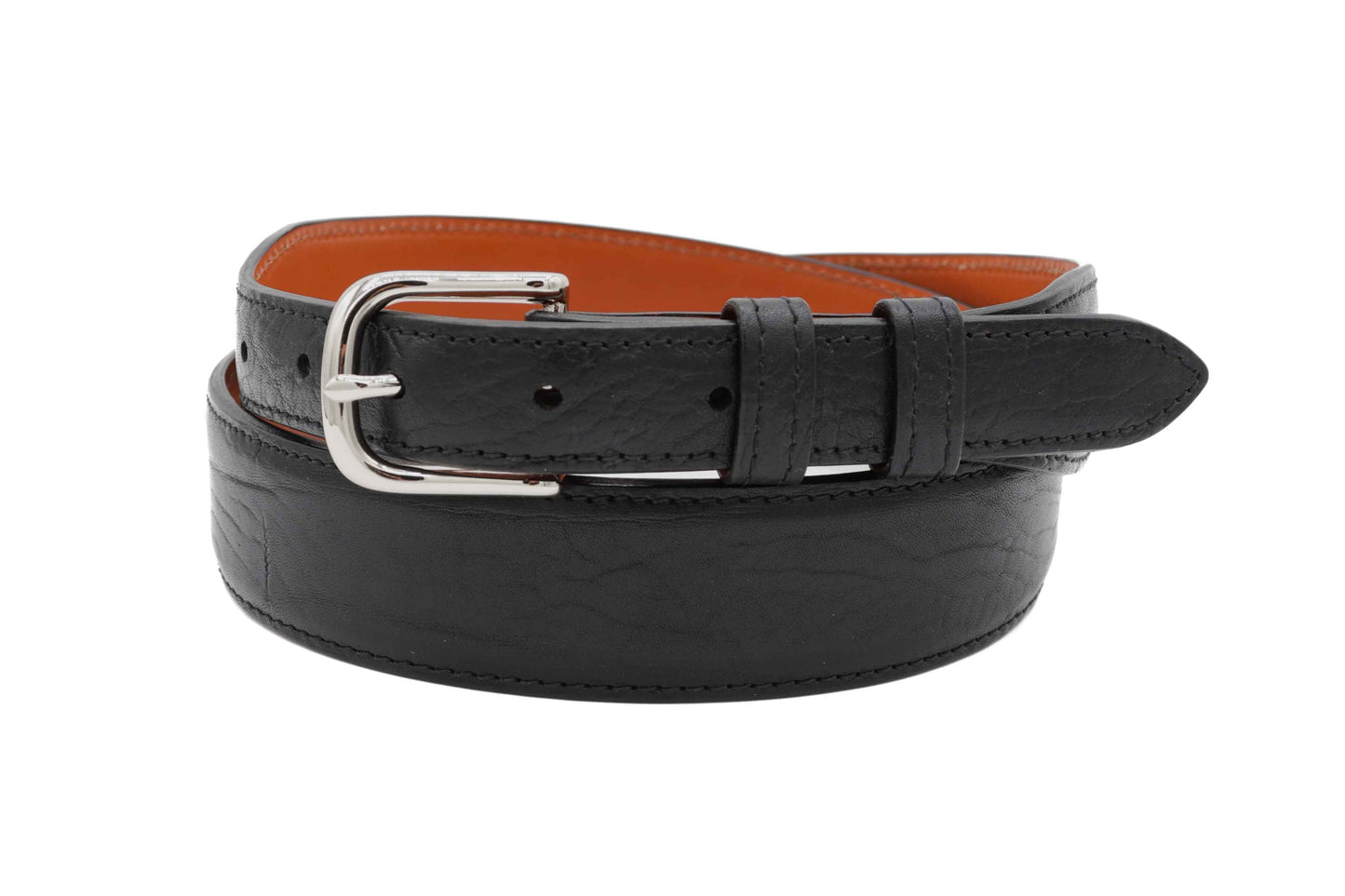Black leather tapered belt with a silver buckle on a white background