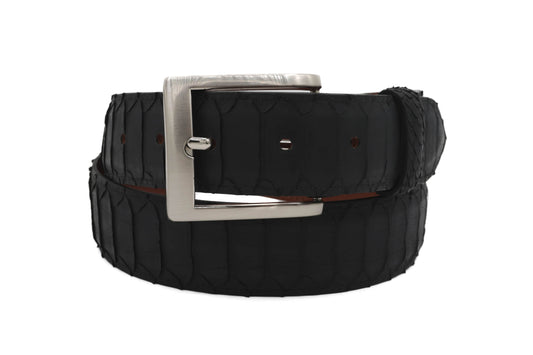 Black python belt with a silver buckle on a white background