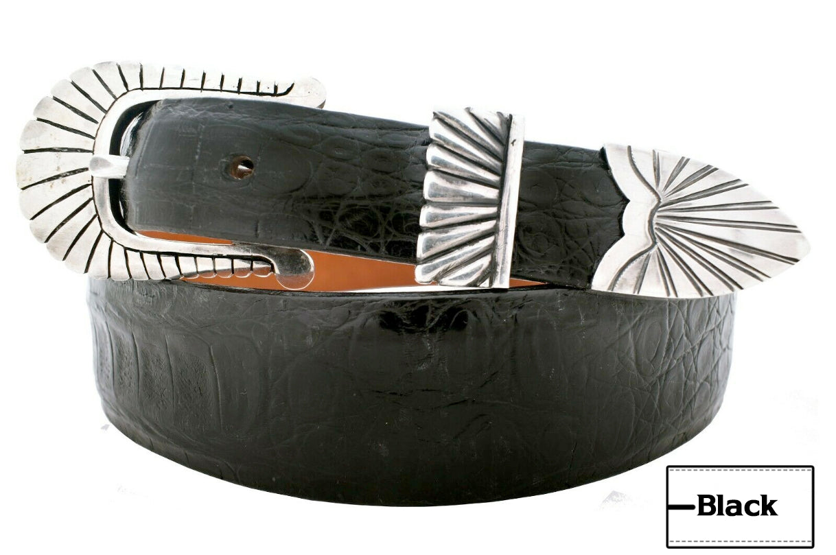 Solid Sterling Silver Three-Piece Buckle Set Black Alligator Tapered Leather Belt