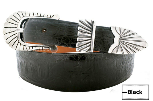 Solid Sterling Silver Three-Piece Buckle Set Black Alligator Tapered Leather Belt