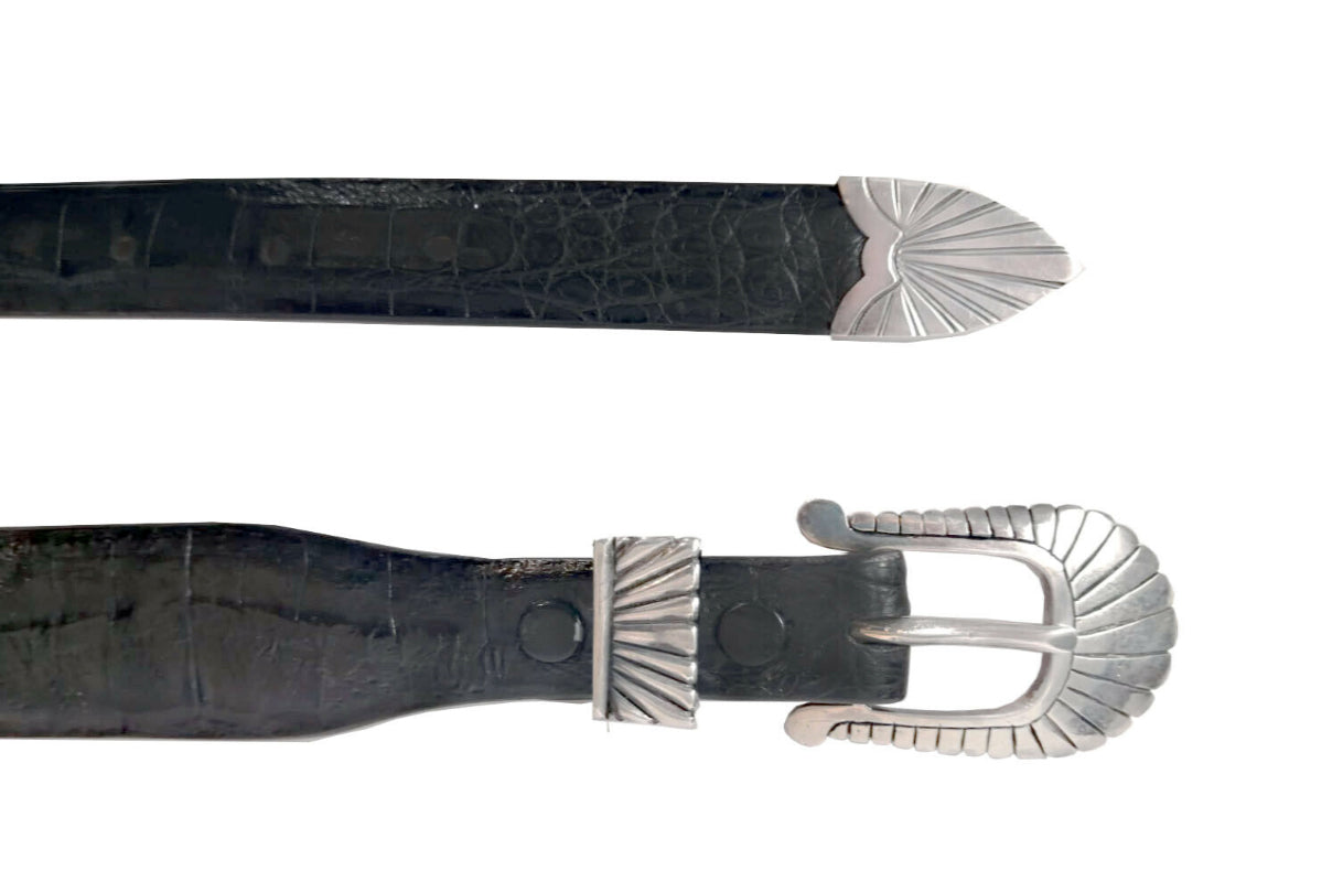 Solid Sterling Silver Three-Piece Buckle Set Black Alligator Tapered Leather Belt