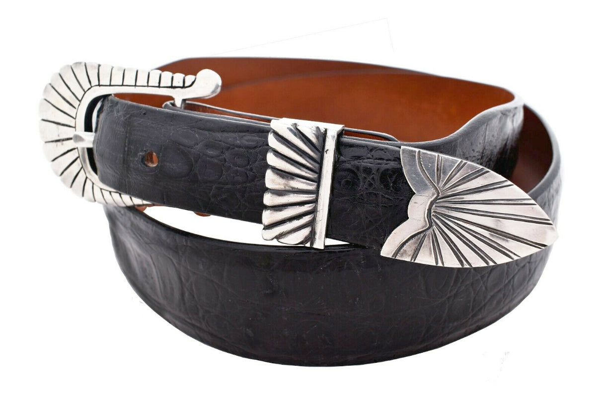 Solid Sterling Silver Three-Piece Buckle Set Black Alligator Tapered Leather Belt