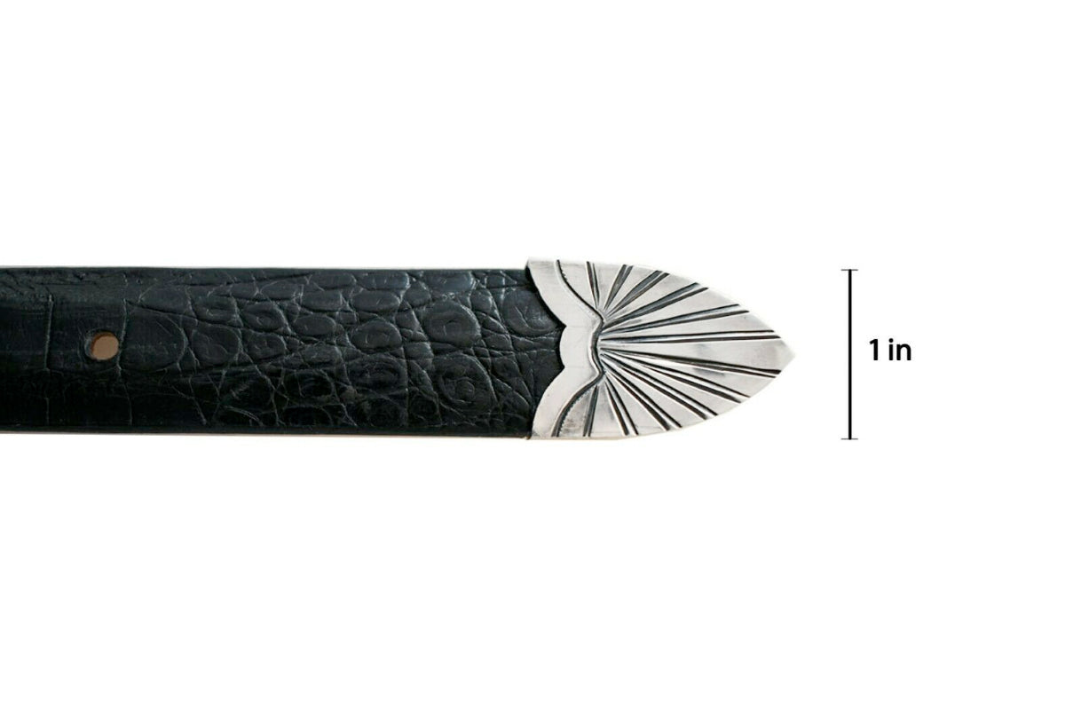 Solid Sterling Silver Three-Piece Buckle Set Black Alligator Tapered Leather Belt