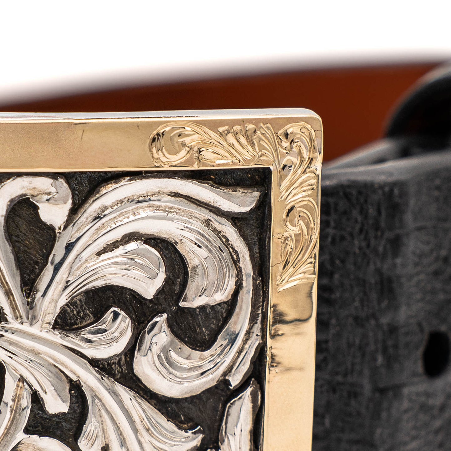 Gold Strike Solid Yellow Gold & Sterling Silver Hand Engraved Belt Buckle