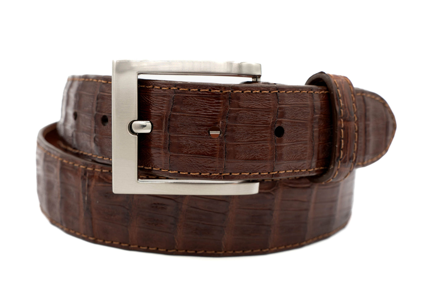 Brown crocodile leather belt with a silver buckle on a white background