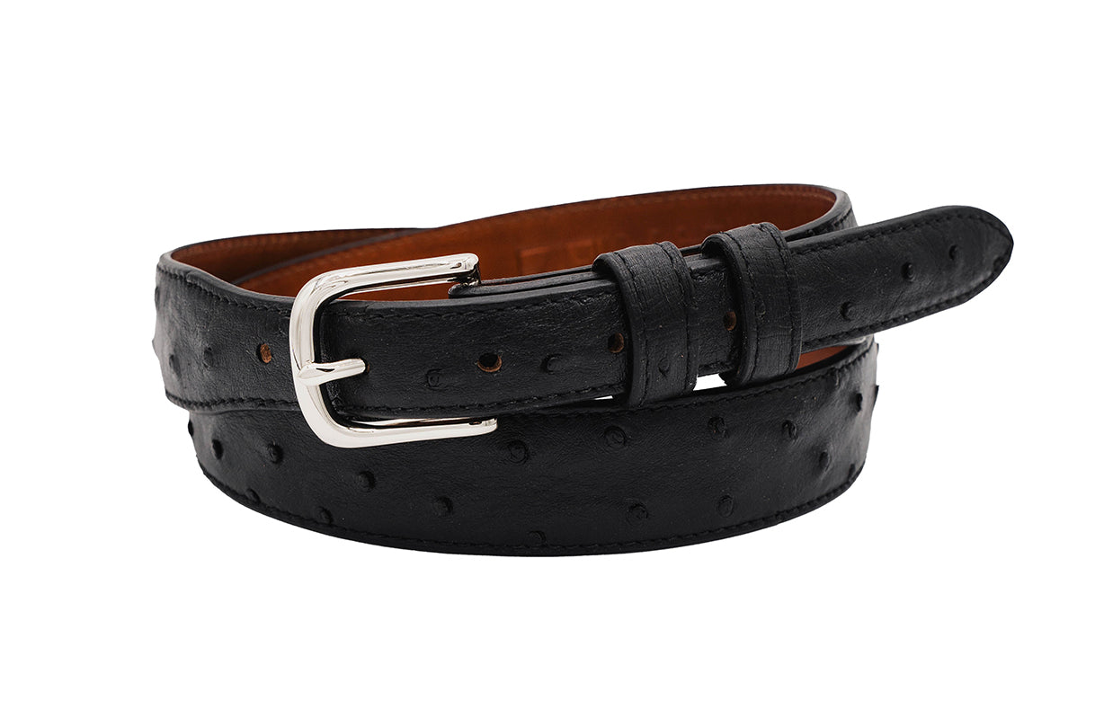 Black Full Quill Ostrich Leather Tapered Belt