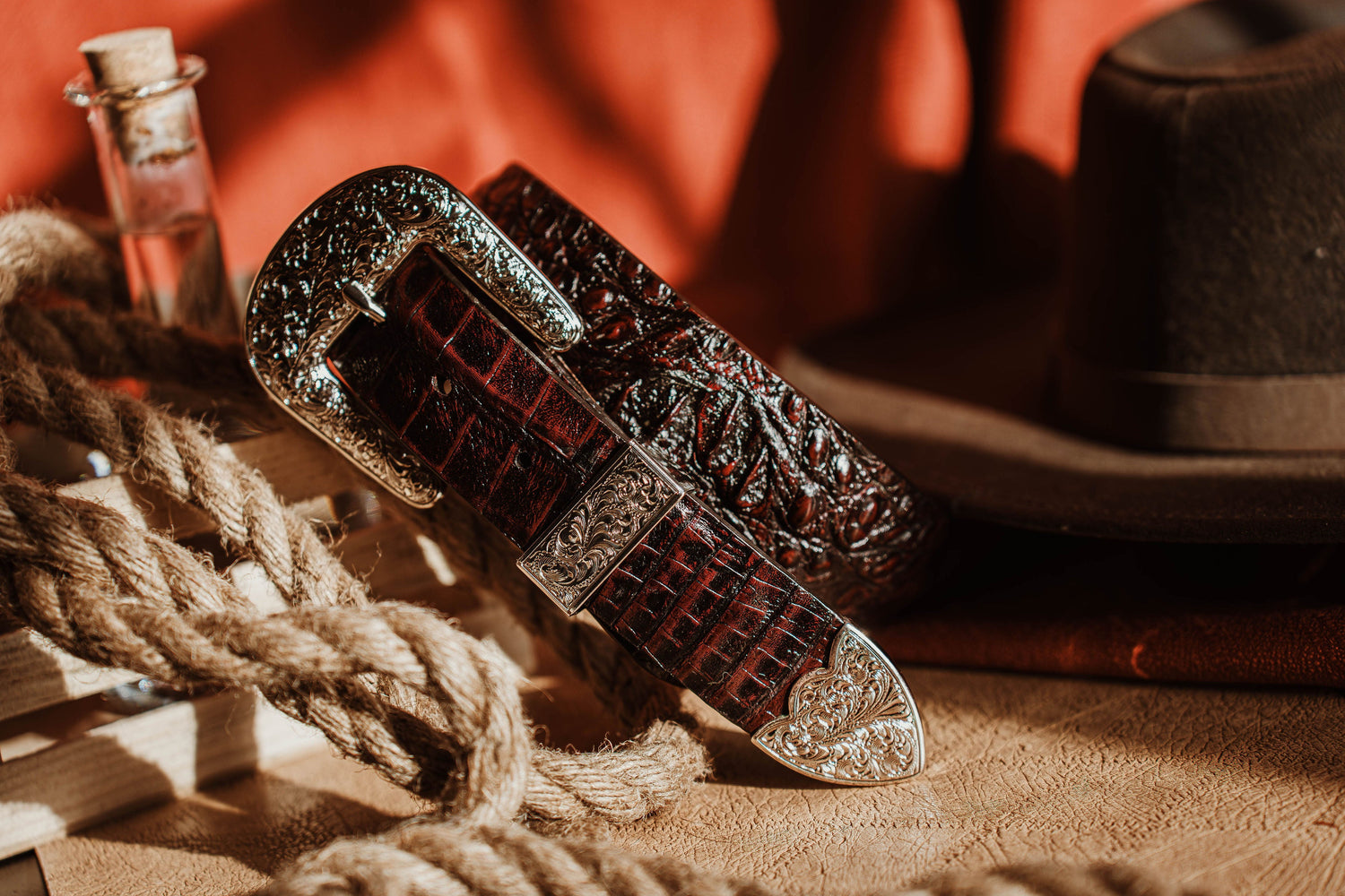 Black Cherry Caiman Belt with Silver Plated 3 Piece Buckle Set