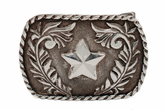 Decorative belt buckle with star design on a white background