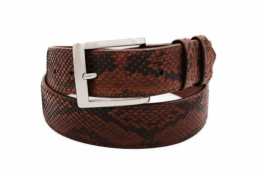 Cognac python skin leather belt with square silver buckle on a white background