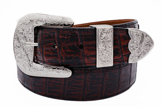 The "Taylor" Black Cherry Crocodile Belly Leather Belt