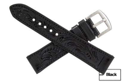 Black Hand Tooled Leather Watch Strap