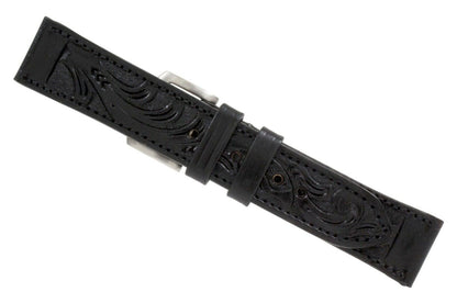 Black Hand Tooled Leather Watch Strap