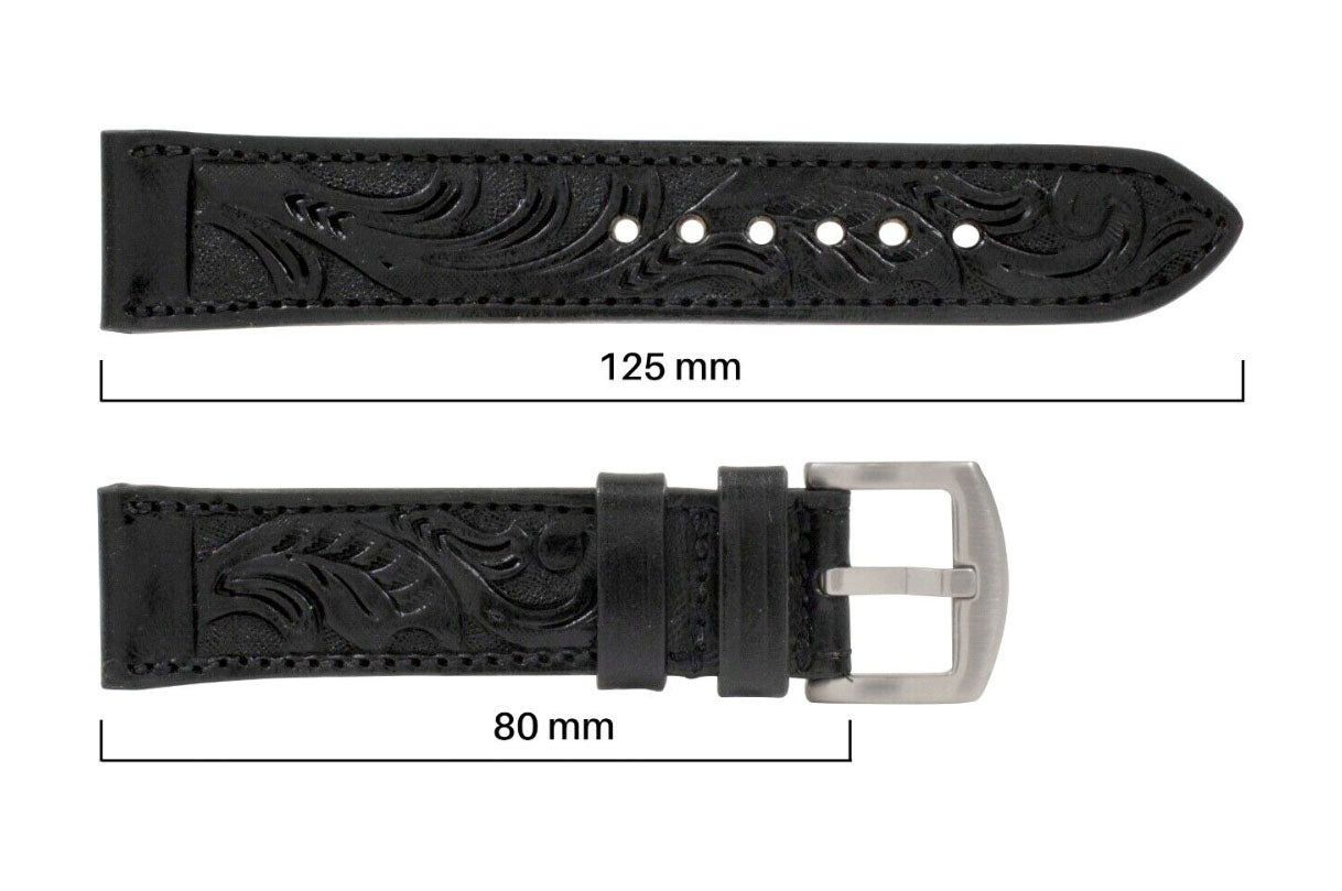 Black Hand Tooled Leather Watch Strap