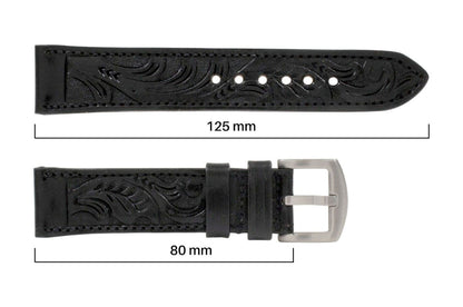 Black Hand Tooled Leather Watch Strap