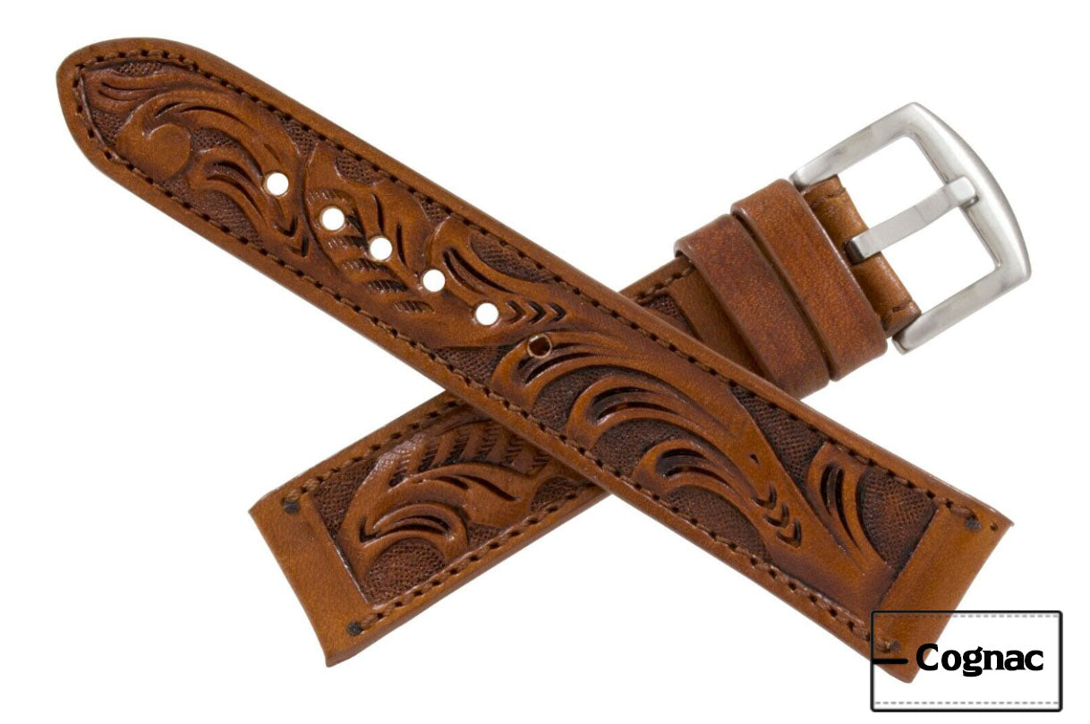 Cognac Hand Tooled Leather Watch Strap