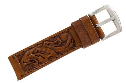 Cognac Hand Tooled Leather Watch Strap