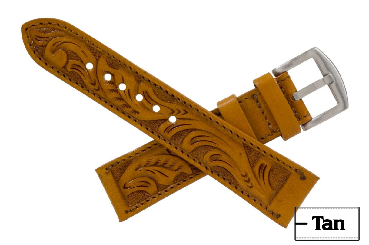 Tan Hand Tooled Leather Watch Strap