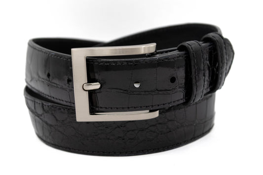 Glazed Black Alligator belt with a silver buckle on a white background