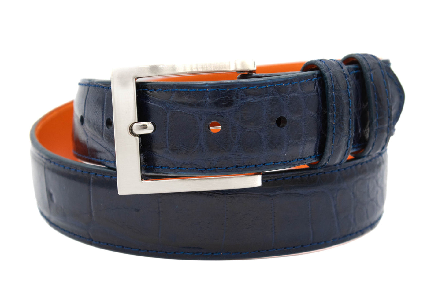 Navy blue Alligator Leather belt with a silver buckle on a white background