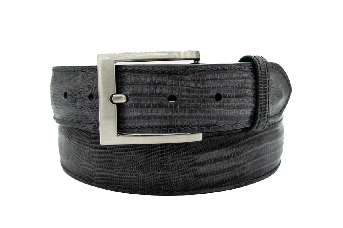 A gray lizard leather belt with a silver-tone metal buckle, neatly coiled on a solid white background.