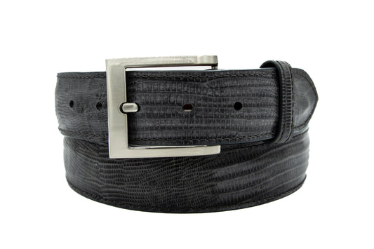 A gray lizard leather belt with a silver-tone metal buckle, neatly coiled on a solid white background.