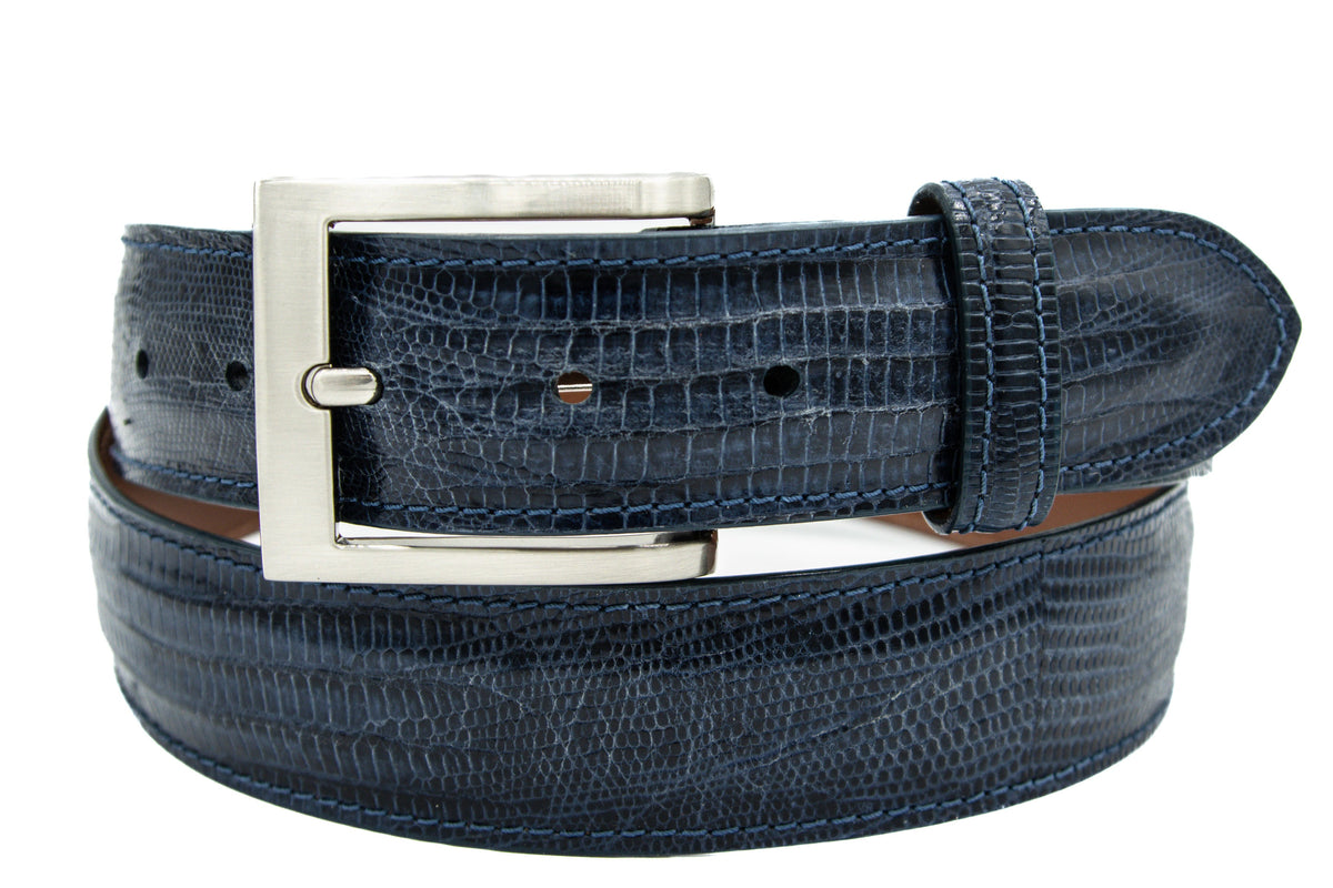 A navy blue lizard leather belt with a silver-tone metal buckle, coiled on a white background.