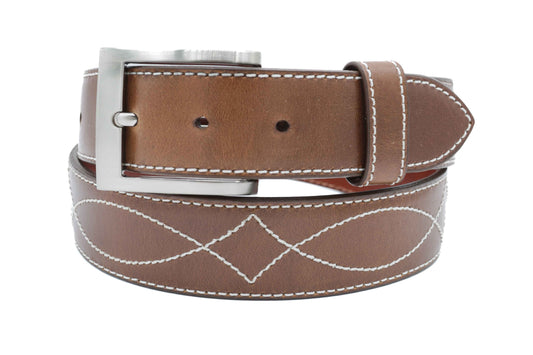 Brown leather belt with white stitching with a square silver buckle on a white background
