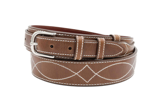 Brown Ranger Cow Hide leather belt with white stitching on a white background
