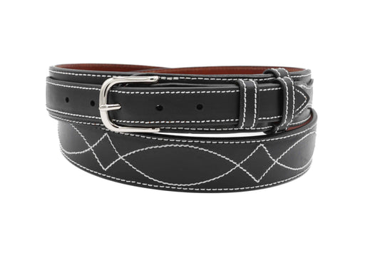 Black Cow Hide leather Ranger belt with white stitching on a white background