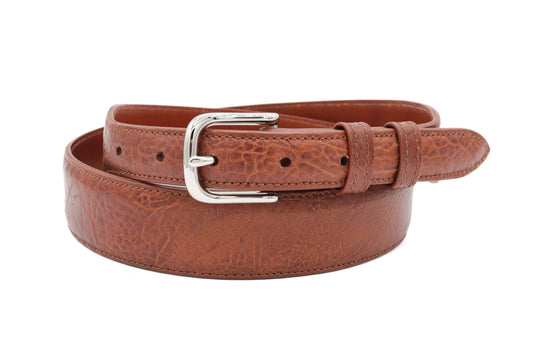 Brown Bull Shoulder leather belt with a silver buckle on a white background