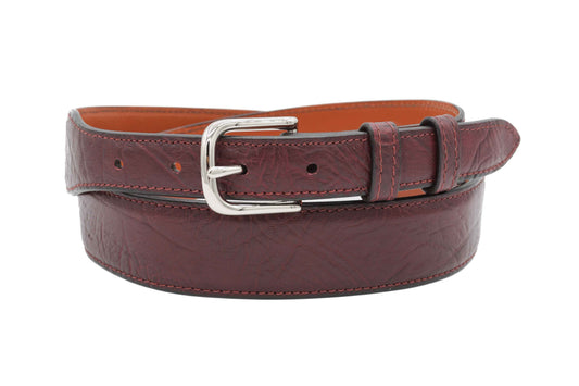 Burgundy Bull Shoulder leather belt with a silver buckle on a white background