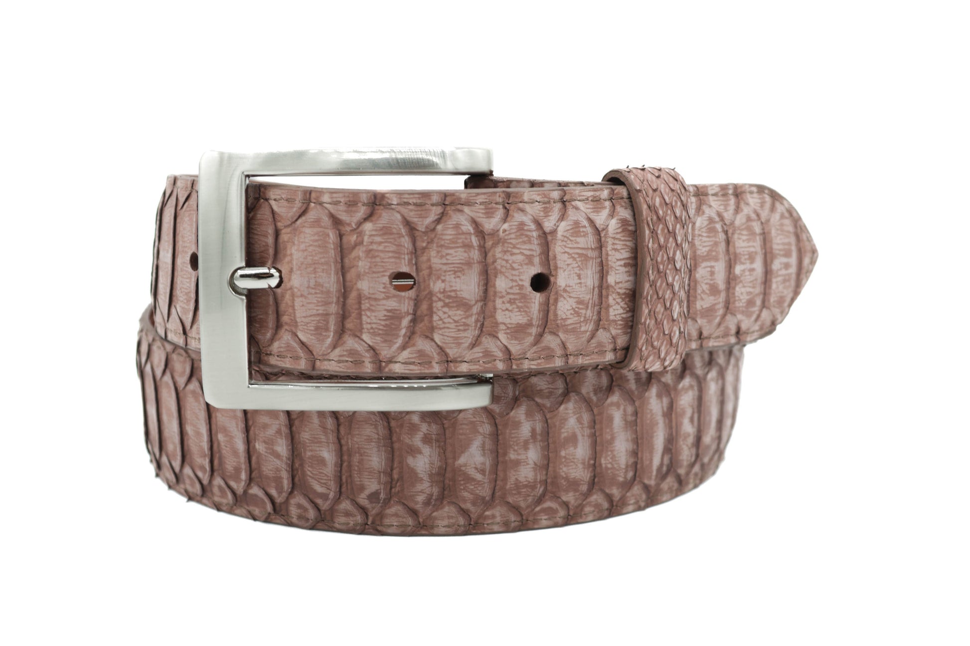 Brown python belt with a silver buckle on a white background