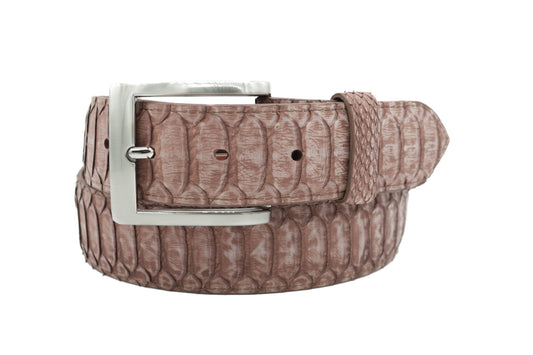 Brown python belt with a silver buckle on a white background