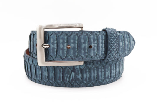 Blue python belt with a silver buckle on a white background