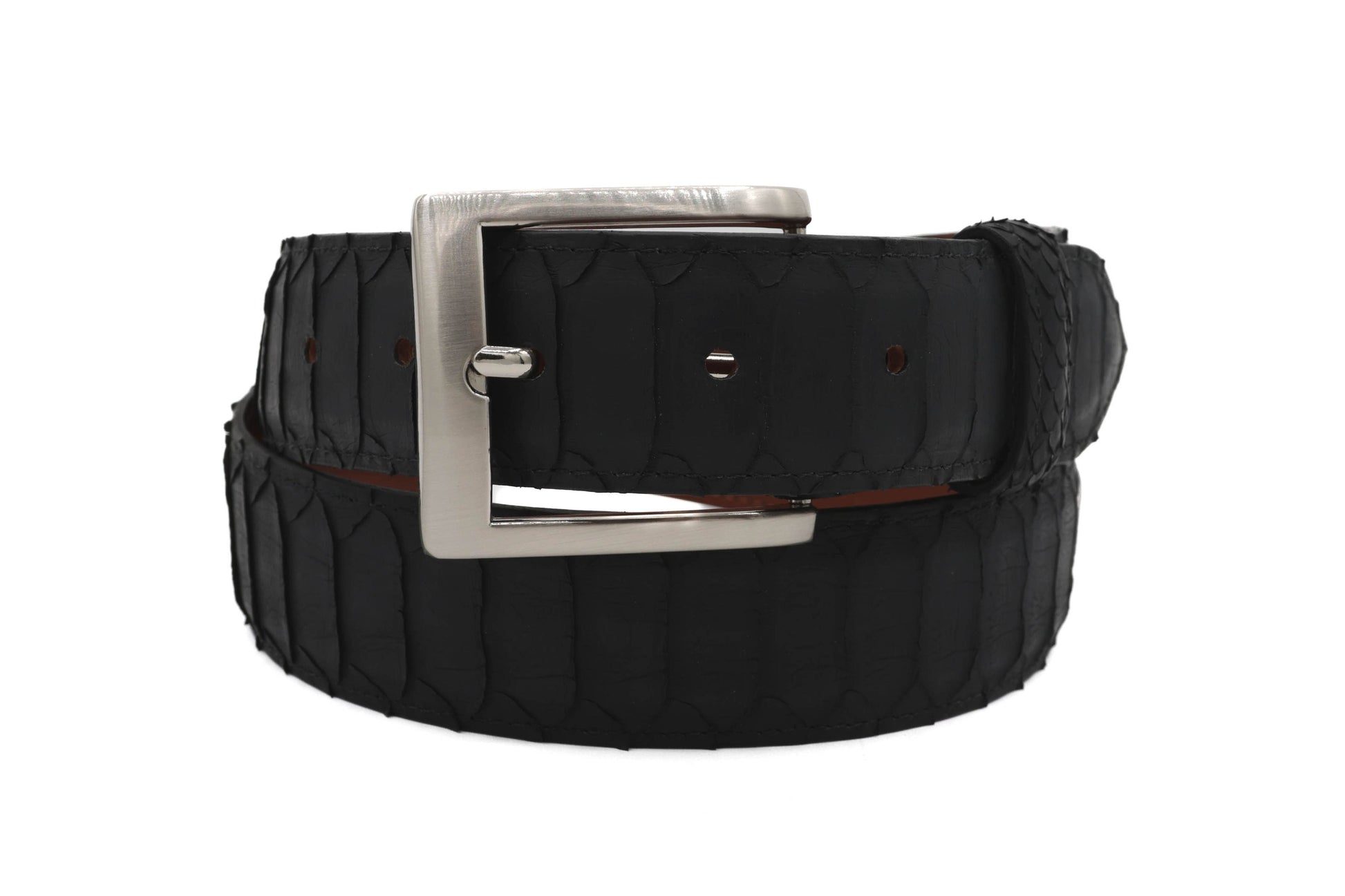 Black python belt with a silver buckle on a white background