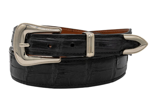 Black alligator belt with a silver buckle on a white background