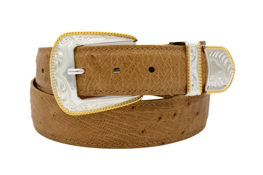 Tan smooth ostrich leather belt with silver buckle on a white background