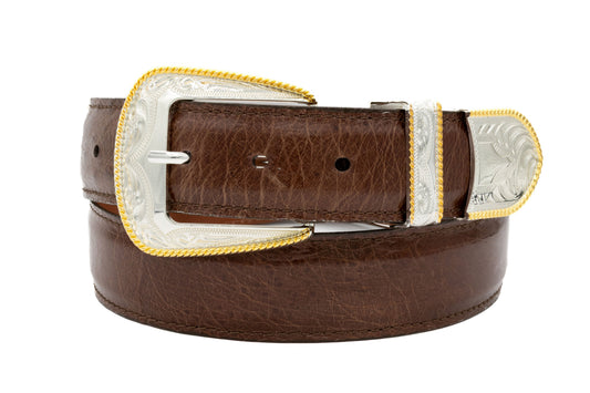 Brown smooth ostrich leather belt with silver and gold buckle on a white background