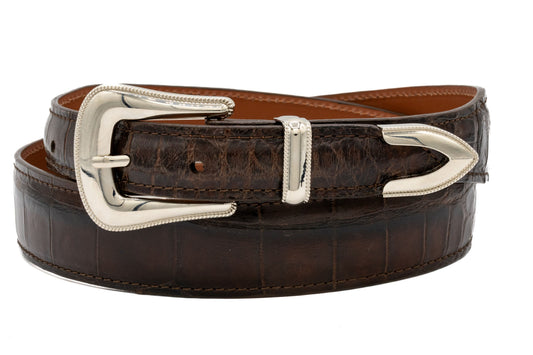 Brown Alligator leather belt with silver buckle on a white background