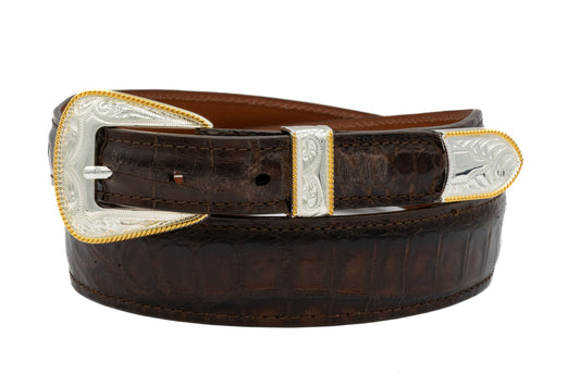 Brown Alligator leather belt with silver and gold buckle on a white background