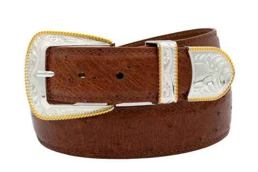 Cognac Smooth Ostrich leather belt with silver and gold buckle on a white background