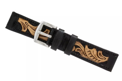 Black Hand Tooled Leather Watch Strap