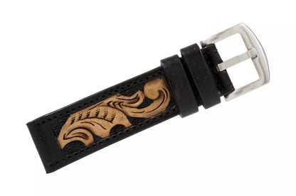 Black Hand Tooled Leather Watch Strap