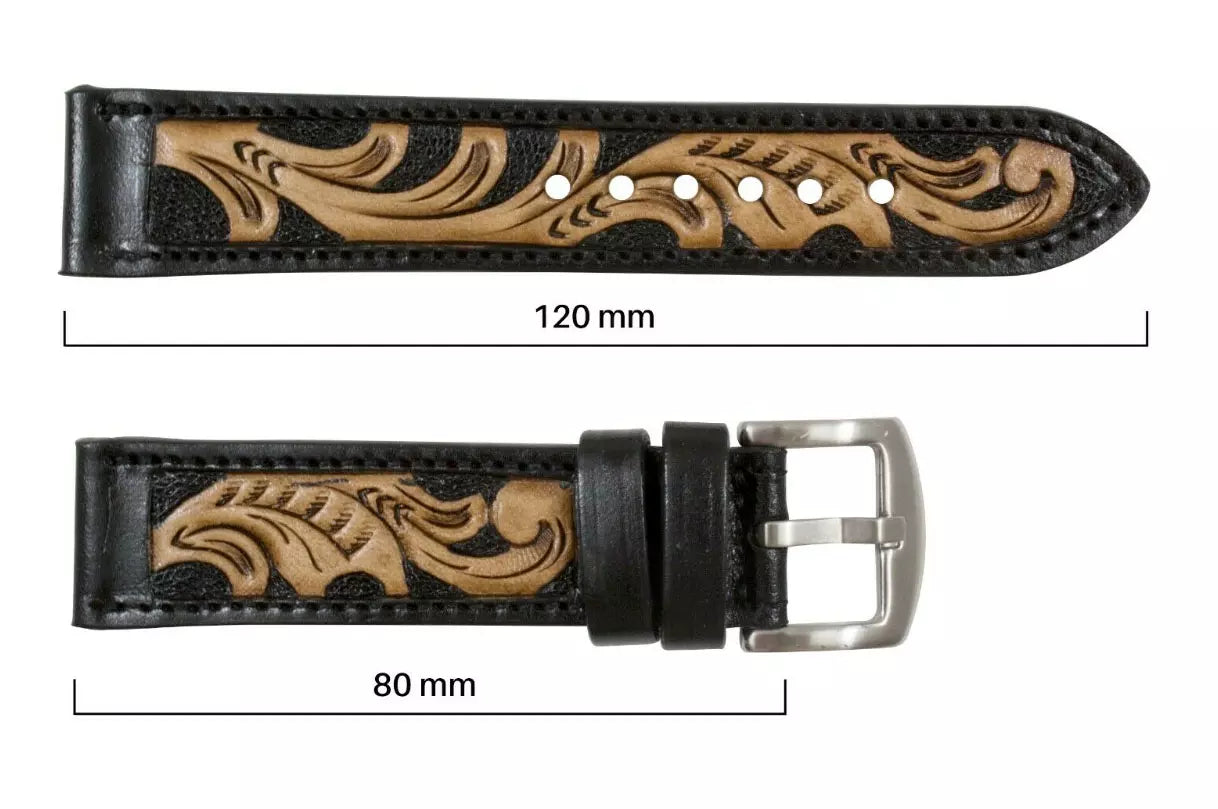 Black Hand Tooled Leather Watch Strap