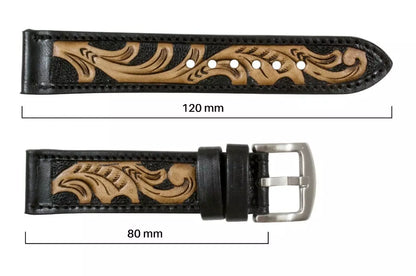 Black Hand Tooled Leather Watch Strap