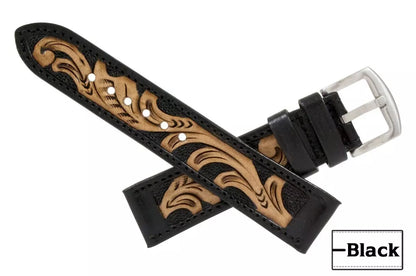 Black Hand Tooled Leather Watch Strap